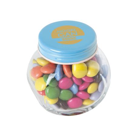 Bonbonglas mini gefüllt mit ca. 40 gr. Schokocarletties mit farbigem Deckel