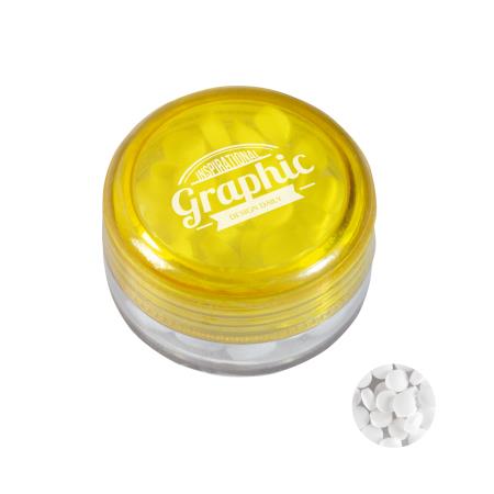 Runde Plastikdose mit farbigem Deckel gefüllt mit ca. 12 gr. extra strong Minties `Triangle`